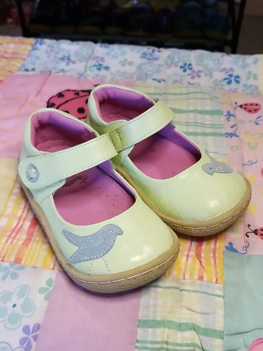 Livie & Luca Mint Green Leather Mary Janes with Blue Glitter Bird Size 7 Pio Pio